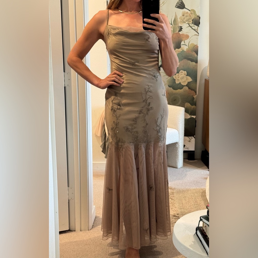 Elegant Vintage 90s Cowl Neck Beaded Tulle Evening Gown - Olive Size Small